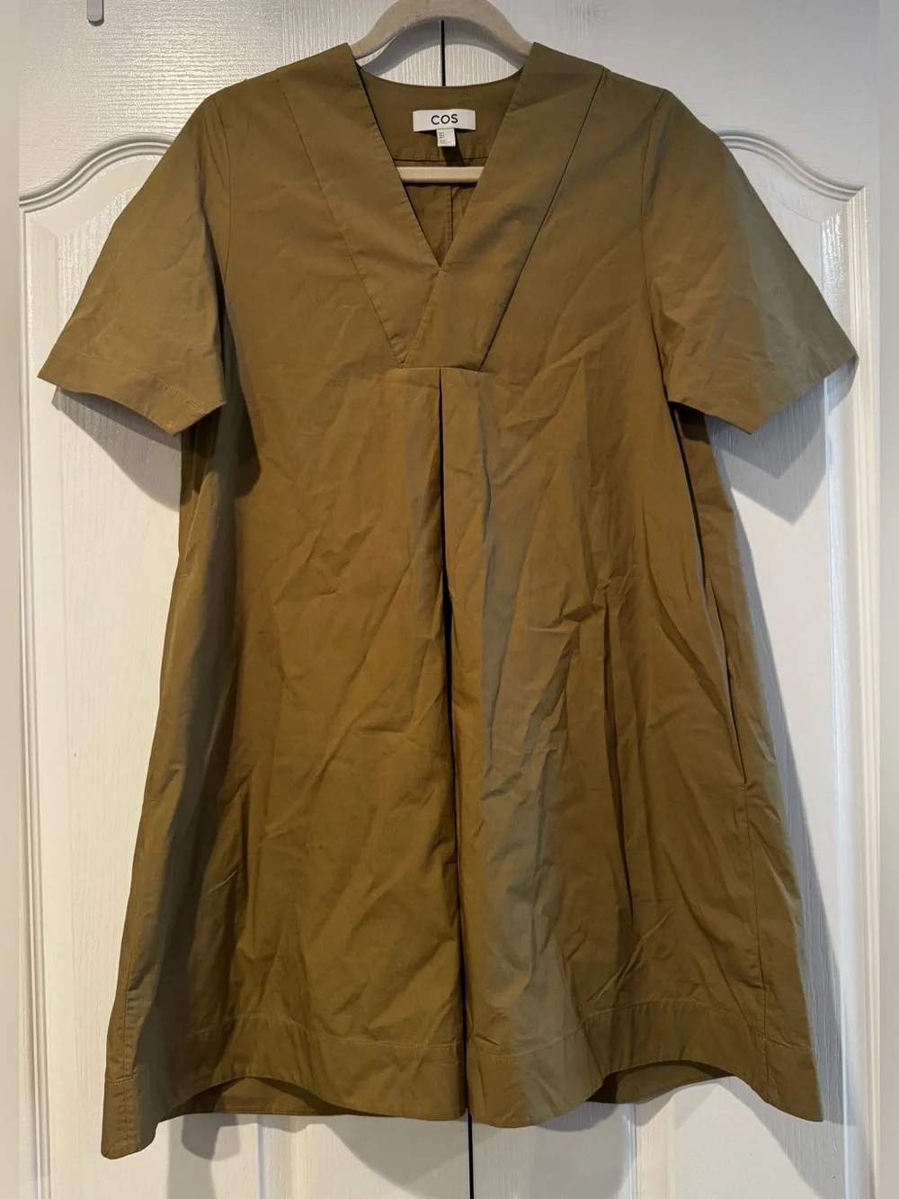COS Olive Green Cotton V-Neck Short Sleeve Dress - Size 4